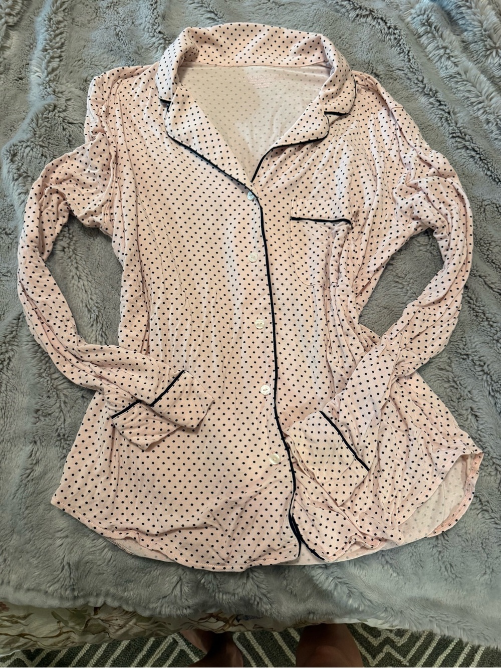 Victoria's Secret Light Pink Polka Dot Button-Down Pajama Top with Black Trim